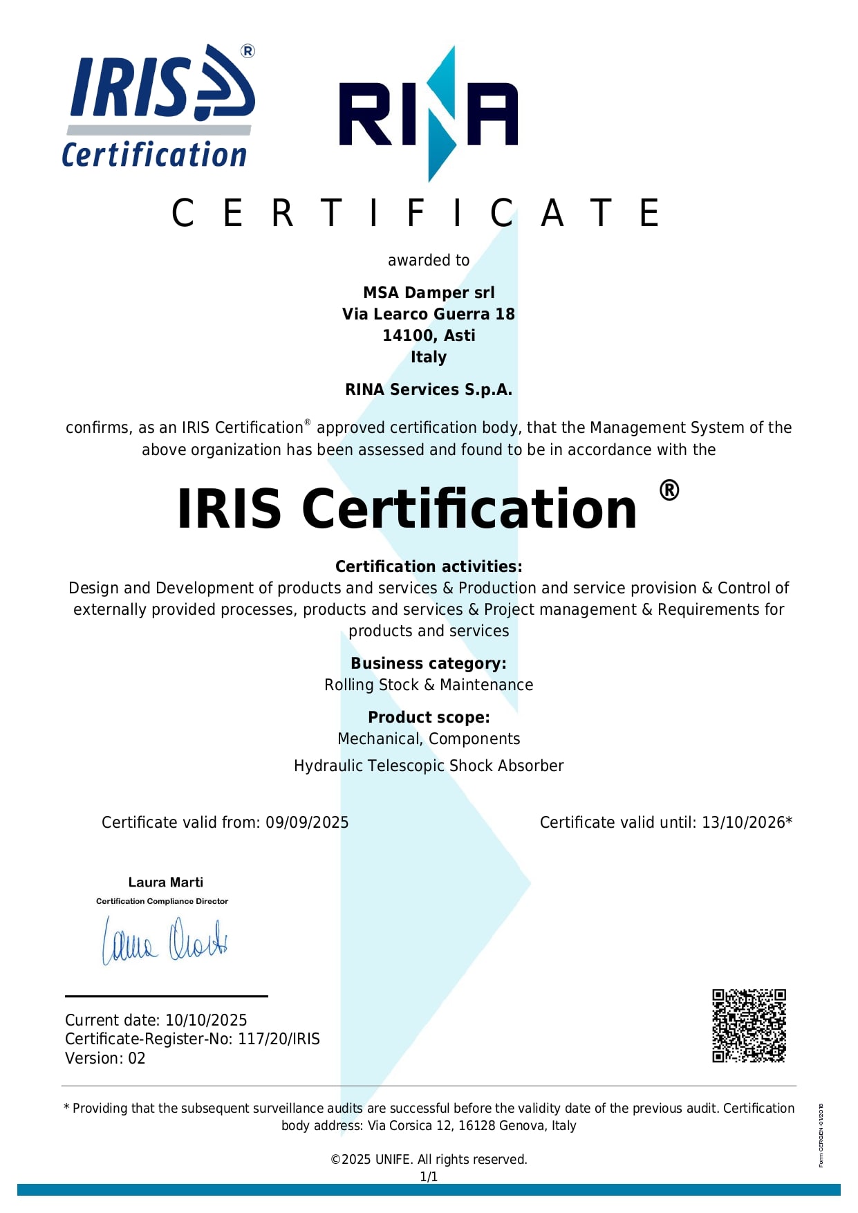 IRIS Certification® Rev 04 based on ISO/TS 22163:2017Certificate-Register-No: 117/20/IRIS for railway application